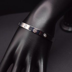 Silver Bangle Bracelet with Four Leaf Clover and Crystal - 7"